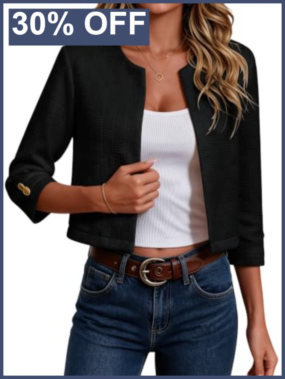 Womens Cropped Blazer Jacket Lightweight Open Front 3/4 Sleeve Dressy